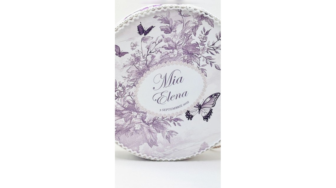 Trusou botez Purple Toile cu fluturi și flori mov personalizat 4